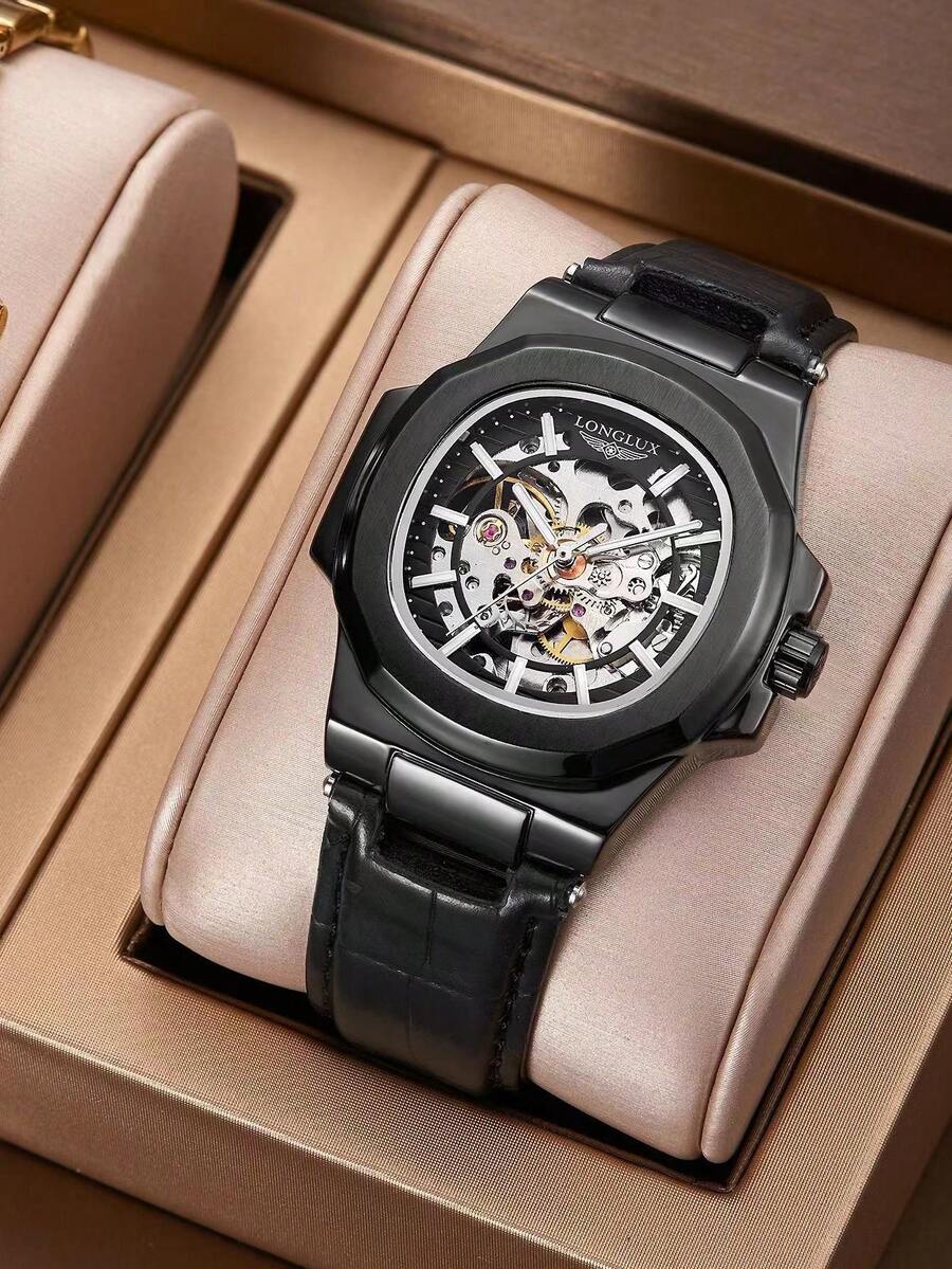 LONGLUX 1pc Men's Hollow Automatic Mechanical Waterproof Fashion Leather Band Watch