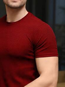 Textured Casual Basic Straight Textured Premium Knit T-Shirt - Rojo - Ver 3