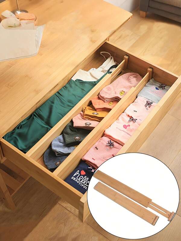 2 PIÈCES Organisateurs de tiroir en bambou - Design de fente de positionnement ajustable et extensible - Boîtes de rangement en bambou naturel pour la cuisine, le placard, la garde-robe, le bureau - Organisateurs de tiroir économes en espace, style simple, texture lisse, fournitures scolaires, rentrée scolaire