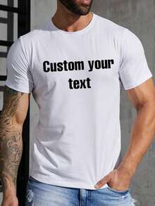 Personalized Text Customized Men's Summer T-Shirt, Input Your Text/Name/Message/Fun Text/Blessing, White T-Shirt, Holiday Gift, Anniversary Gift, Music Festival, Gift For Him, Men's Loose Fit Round Neck Short Sleeve T-Shirt Top, Party Wear Ornamental,Fashion,Hipster,Contracted,Easy Costume,Modest Fashion,Minimal Chic,Casual Custom,Unique,Personalized Ideal Gifts For Him Family,Boyfriend,Friends,ChildrenLeisure - 黑色 - 查看 2