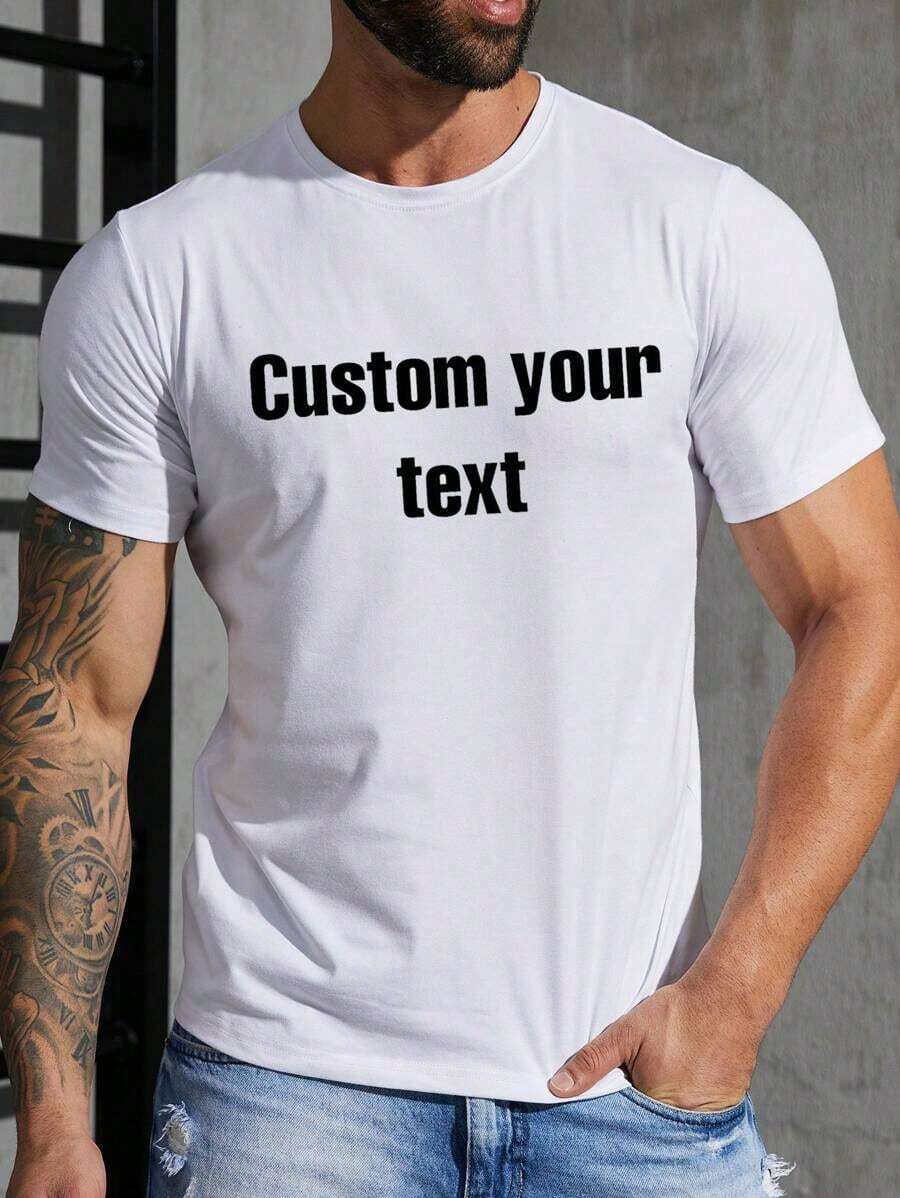 Personalized Text Customized Men's Summer T-Shirt, Input Your Text/Name/Message/Fun Text/Blessing, White T-Shirt, Holiday Gift, Anniversary Gift, Music Festival, Gift For Him, Men's Loose Fit Round Neck Short Sleeve T-Shirt Top, Party Wear Ornamental,Fashion,Hipster,Contracted,Easy Costume,Modest Fashion,Minimal Chic,Casual Custom,Unique,Personalized Ideal Gifts For Him Family,Boyfriend,Friends,ChildrenLeisure - 白色 - 查看 1