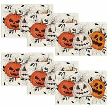 Juego de 4/6/12 manteles individuales - Estampado de calabaza de terror, bruja y murciélago - Manteles individuales impresos creativos, resistentes al calor, decoración de mesa de cocina para Halloween, decoración de habitación, decoraciones de mesa para fiestas, mejorando la atmósfera festiva