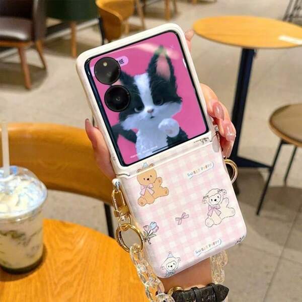 Funda plegable para teléfono con cadena y estampado a cuadros de oso de dibujos animados, apta para Samsung Galaxy Z Flip3 5G/Galaxy Z Flip 4 5G/Galaxy Z Flip 5 5G/Galaxy Z Flip 6 5G, funda de moda para mujeres