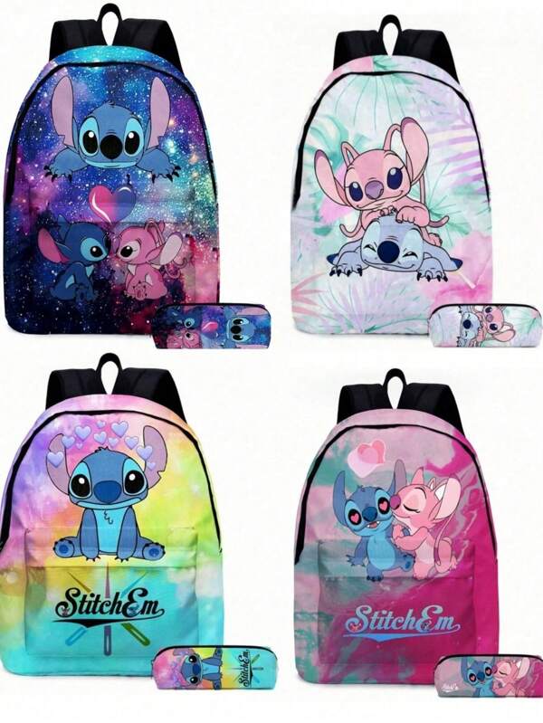 Sanrio Set de 2 pièces Disney Stitch - Sac d'école enfant avec impression 3D de Stitch, Sac à crayons de grande capacité. Sac à dos, sac de rangement, sac à maquillage, étui à cosmétiques, organisateur de vacances, organisateur de maquillage de grande capacité