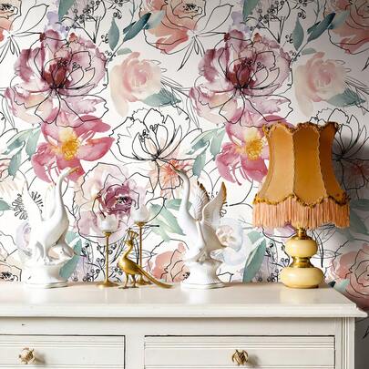 17.32*393.7 Inches/17.32*118.11 Inches Handpainted Watercolor Floral Furniture Renovation Sticker, White Self-Adhesive Wallpaper, Waterproof Floral Pattern Removable Home Decor Pink Self-Adhesive Wallpaper