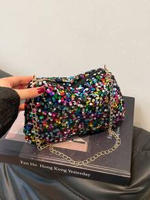 Mini Fashionable Sequin Shoulder Bag, Chain Strap Small Square Bag For Women - Multicolor - View 10