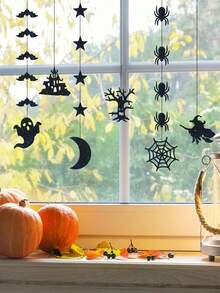 Set de 6 decorațiuni suspendate cu sclipici de Halloween, ornamente cu siluetă de liliac, stea, fantomă, păianjen, vrăjitoare, decor de perete pentru fereastră pentru casă, petrecere, casă bântuită - Multicolor - Vizualizare 7