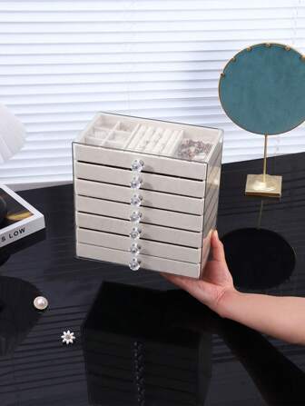 1 st, 7/5/3/1 våningar sammets smyckeskrin med låda, smyckeskrin med ringask, örhängesförvaringslåda, smyckeskrin med låda, genomskinlig plast- och sammetslåda, förvaringslåda för ringar, halsband, armband, örhängen och hängen, elegant displayställ med kristallformade knoppar, lyxig smyckeorganisatör i tre våningar