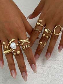 12 Pcs/Set Punk Rings Set For Women Vintage Geometric Rings Set Fashion Personality Jewelry Gifts Match With Daily Outfits, Party Accessories
