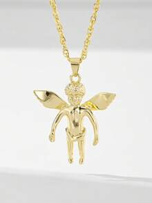 1 件欧式 14K 金分层浮雕铜镶嵌锆石天使丘比特射手吊坠项链，适合送给母亲/情侣/朋友/教母的礼物，日常和节日佩戴 - 金黃色 - 查看 4