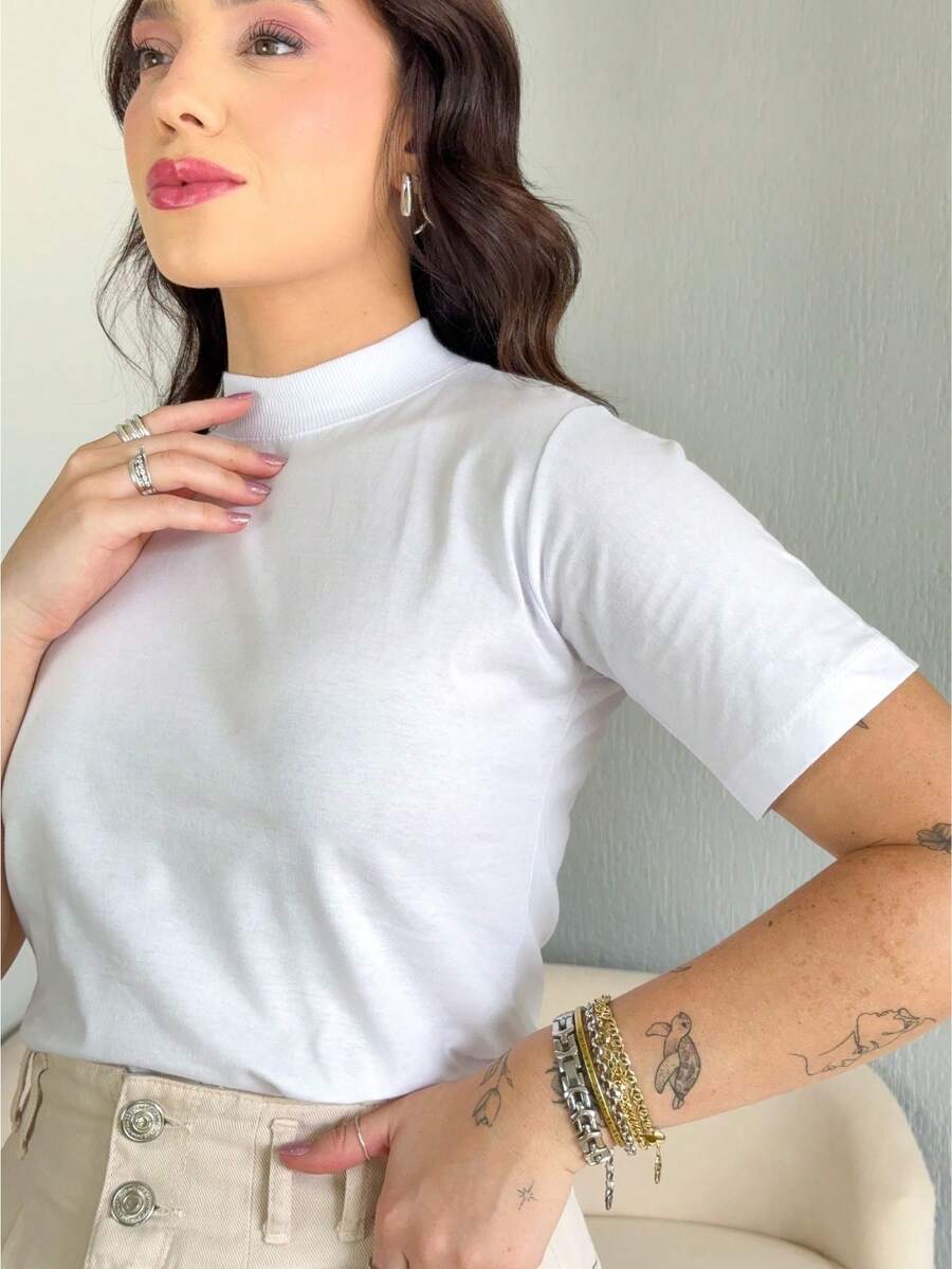 Women's T-Shirt Blouse Simple Casual 100% Cotton High Neck Comfortable - trắng - Xem 1