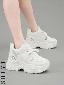 Zapatillas de cuña con cordones casuales y de uso diario para mujer - Blanco - Ver 5
