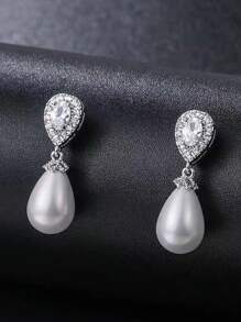 2 piezas de pendientes de diseño de lágrima con perla CZ de estilo europeo y americano elegante, joyería de lujo para mujer