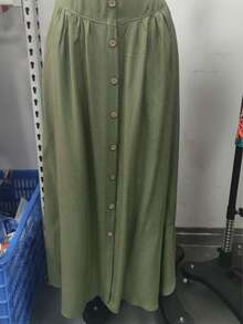 女士鼠尾草绿前开襟简约高腰休闲半身裙，Minimalana，海滩度假装扮，女士海滩套装，热带度假女装，仿亚麻长裙 - 軍綠色 - 查看 2