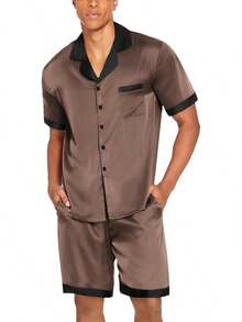 Men Satin Silk Set With Pockets Sleepwear Shorts Satin Summer Loungewear 2 Piece Button Down Set S-3XL - màu nâu - Xem 5