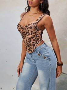 女式豹纹印花褶饰前部不对称下摆背心，春夏