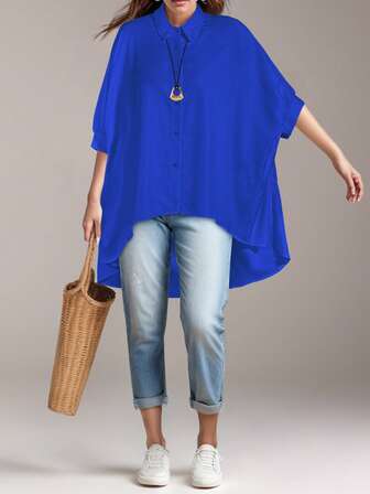 Camisa de mujer con botones y mangas cortas, blusa casual de unicolor con bajo de corte alto y bajo