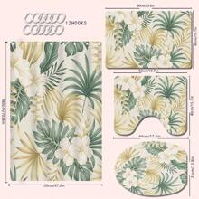 1/4 Stück Vintage Blumen & Blatt Badezimmer Set, beinhaltet Duschvorhang, Badematte, U-förmiger Toilettendeckel, wasserdicht, ohne Bohren, moderner Stil Duschvorhang, Polyester, maschinenwaschbar, Badezimmer Deko für den Schulanfang