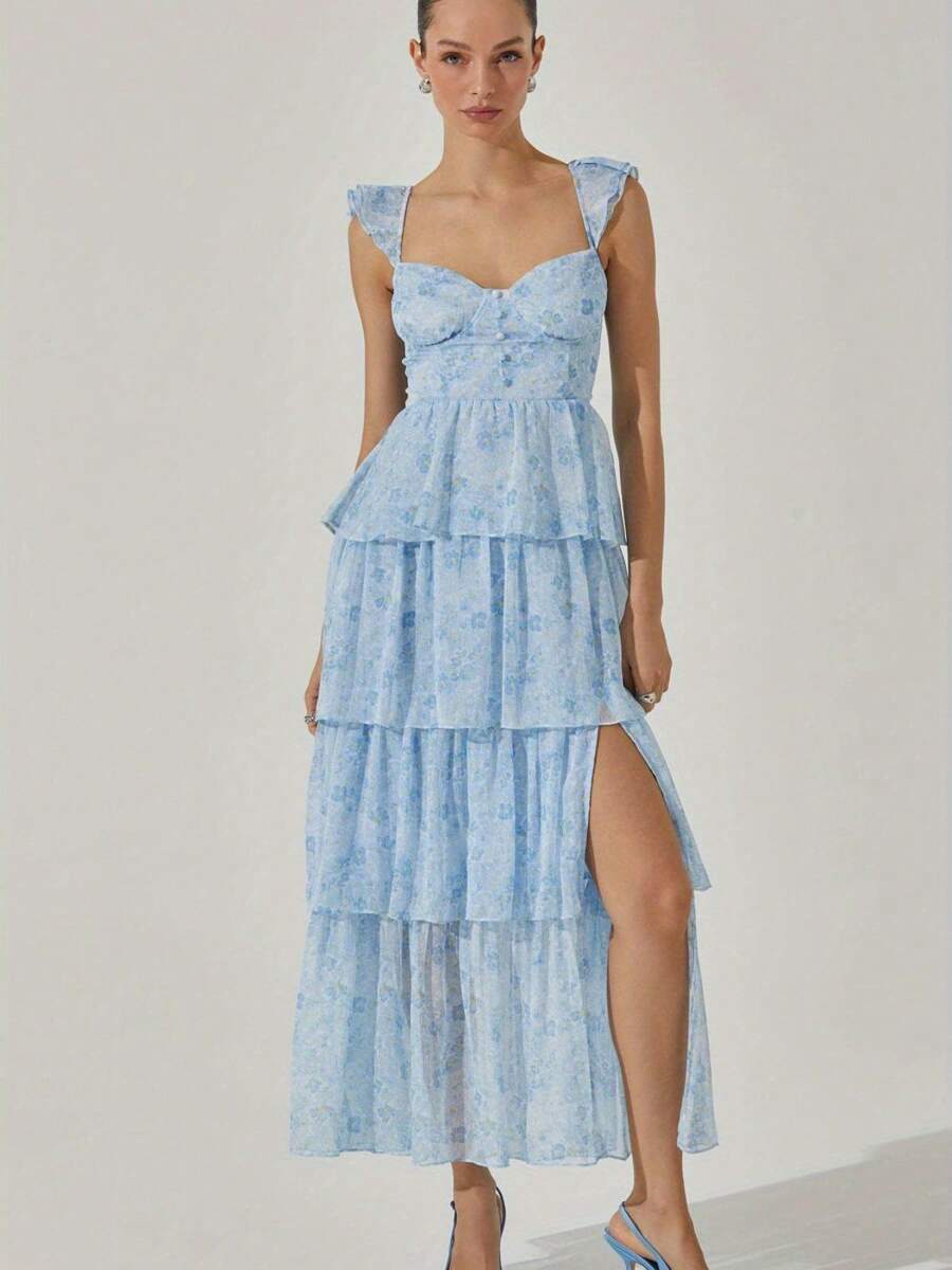 Women's Floral Dress Stylish Multi-Layered Ruffles Split Cap Sleeve Long A-Line Dress For Spring Summer