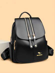 奢华女士真皮背包，适合女孩的休闲背包，黑色复古背包，适合女孩的书包 - 黑色 - 查看 2