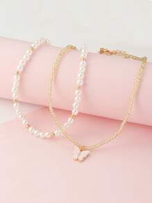 Set de 2 collares con colgante de perla y mariposa elegantes para niñas, accesorios de joyería de moda adecuados como regalo para fiestas