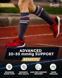 Pembrook 3 pares de calcetines de compresión de 20 a 30 mmHg - Calcetines de compresión para mujeres y hombres| correr, atletismo, viajes, enfermeras - Patrón de líneas (negro/blanco/azul) - 3 pares - Ver 3