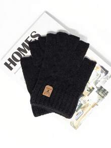 1双纯色涤纶（聚酯纤维）针织半指手套，男女通用鹿形办公室工作手套，秋冬