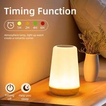 LED Wood Grain Touch Table Lamp, 13 RGB Night Light, USB Rechargeable, Bedroom Bedside Lamp, 5 Brightness Level Dimmable Led Lighting, With Remote Control And Timing, Creative Home Office Decor Unique House Gifts - Wood Grain - View 7