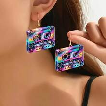 1 par de pendientes acrílicos con diseño 2D de guitarra y cinta de casete de colores - Estilo retro hip-hop, adecuados para festivales de música y fiestas, regalo perfecto para fans, pendientes novedosos - Multicolor - Ver 7