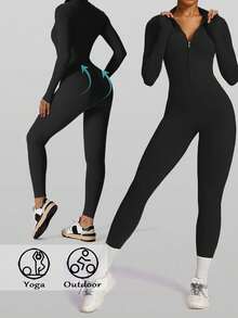 RUNONWHEELS 5 女士瑜伽连体裤，女士长袖紧身滑雪连体裤，运动长袖连体裤，高弹力，如黄油般柔软的健身瑜伽运动连体裤（春季款） - 黑與白 - 查看 2