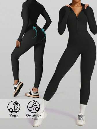 RUNONWHEELS 5 Dam Yogajumpsuit Långärmad Damjumpsuit med åtsittande passform, Skidjumpsuit med långa ärmar, Snabbtorkande, Hög elasticitet, Smörig mjuk gymyoga- och sportjumpsuit, Bodysuit