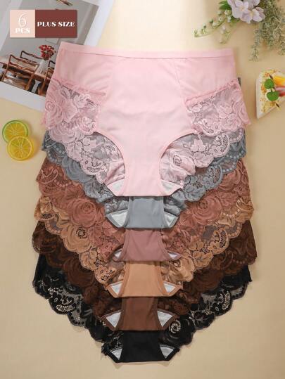 6pcs Plus Size Women's Lace Patchwork Sexy Bikini Briefs