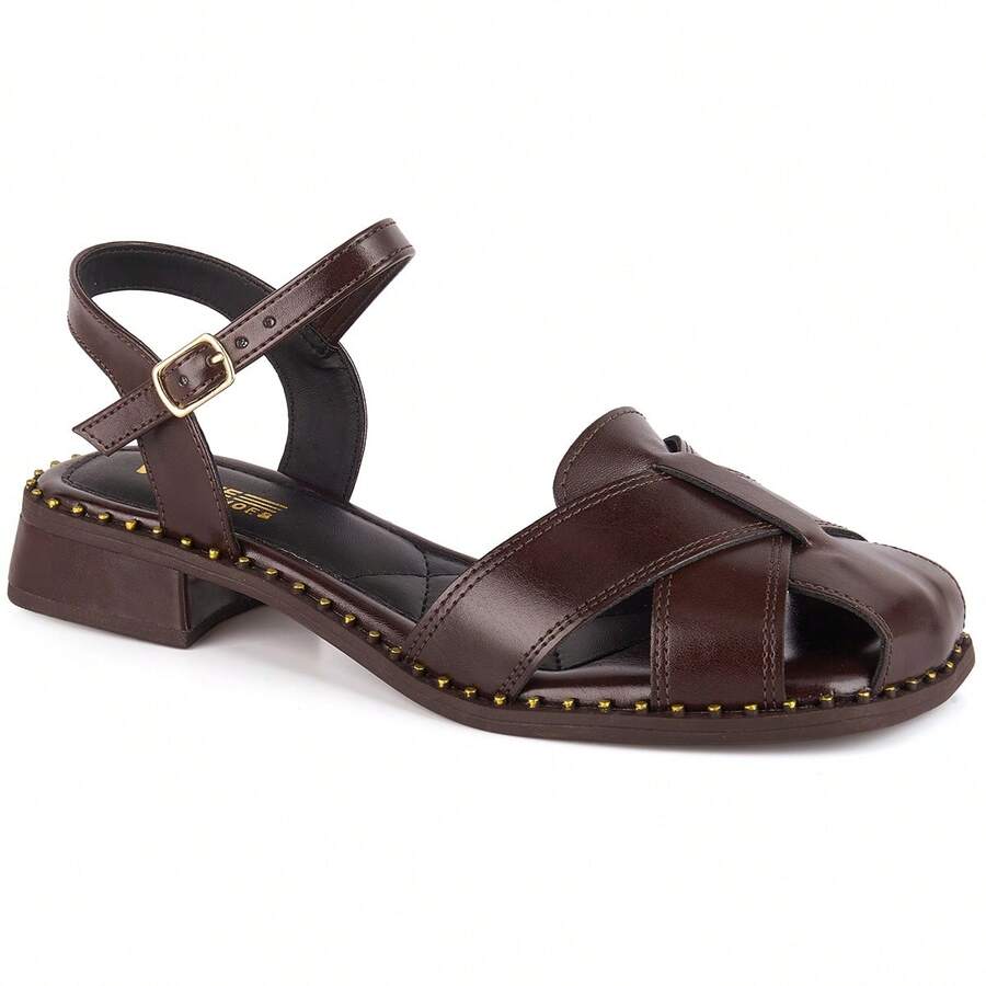 Vitrine shoes Flat Sandals Low Heel Closed Casual Showcase Shoes Baroque Vintage Elegant PU Leather Buckle - 咖啡棕 - 查看 1