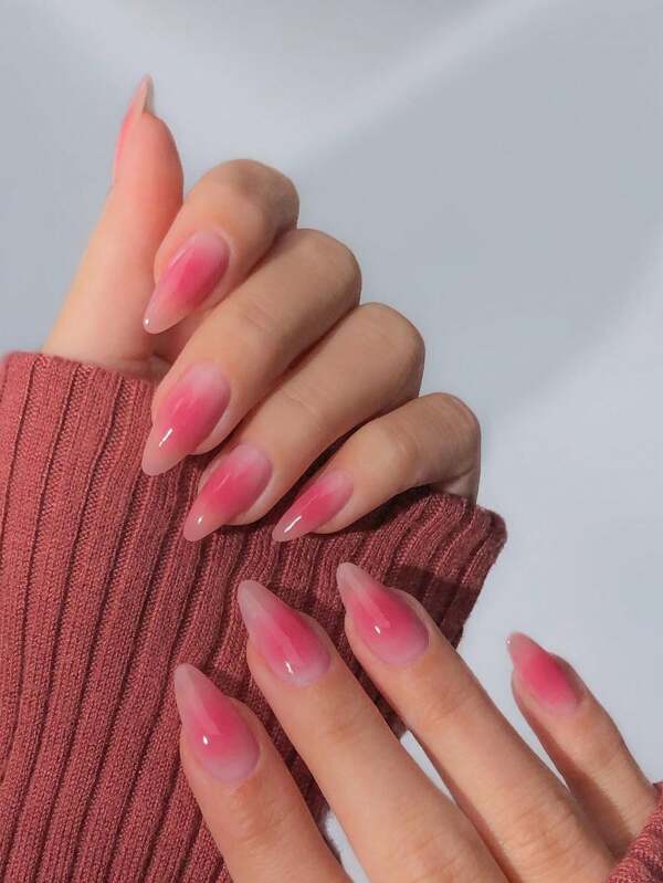 Elevate Your Style With,24pcs Long Almond Red Gradation Fake Nail Set,For Women Girls Daily Wear