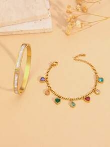2pcs Anti-Allergic Luxury 18K Gold Moissanite Diamond Bracelet & Bangle Set | Layered Wearing Jewelry Set, Gift For Girlfriend, Friend On Valentine's Day, Birthday