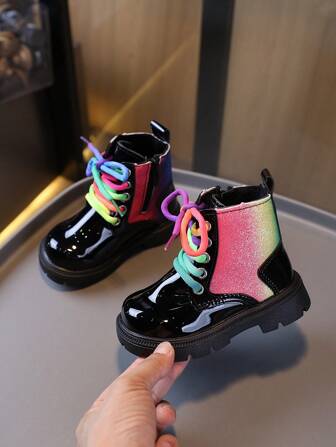 1 Pair Fashion Multicolor Zipper Closure Side Decoration Children's Boots, Comfortable Thick Sole Anti-Slip Bottom Kids Short Boots, Suitable For Autumn/Winter Daily Wear, Parties And Galas