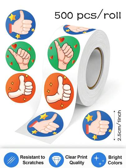 500pcs 1-Inch Round Thumbs Up Encouragement Stickers, Office Supplies, Back To School Teacher Reward, Creative Motivational Hand Gesture Decals, PVC