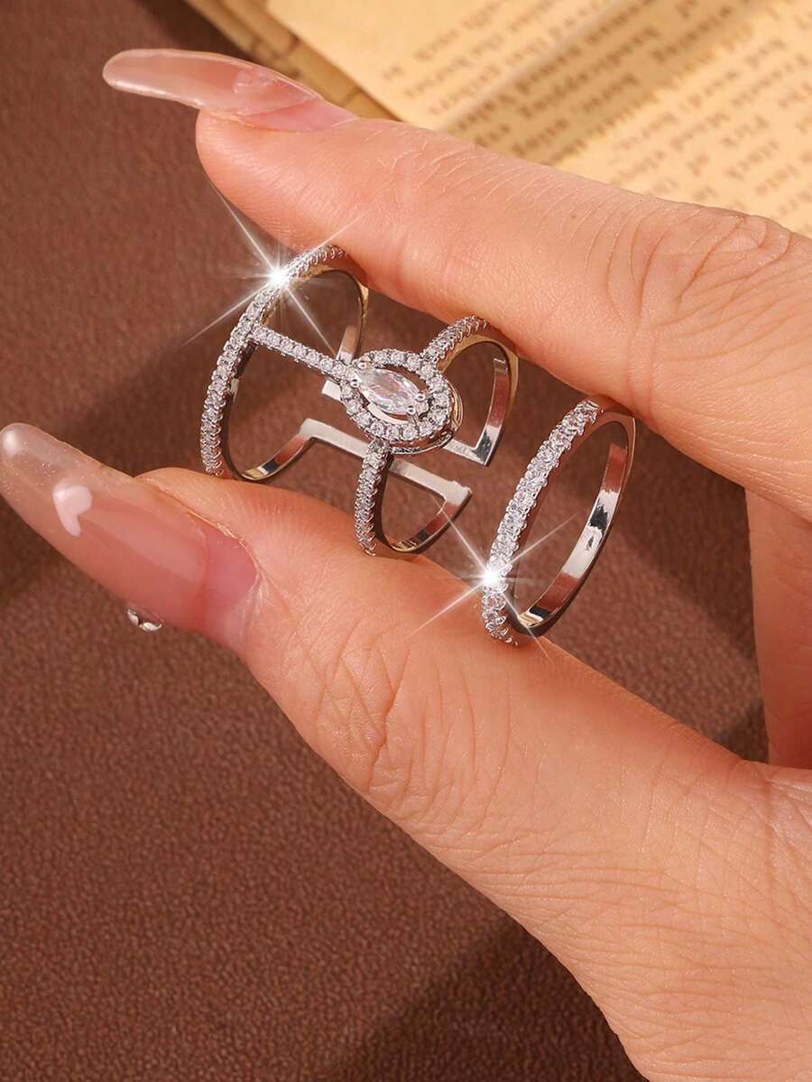 rakol 2 件时尚银色十字方晶锆石装饰戒指套装，适合女士