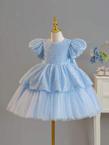 Vestido de princesa con mangas abullonadas con lentejuelas y volumen para niñas, vestido formal de alta gama con flores y tul voluminoso para niña de las flores y actuaciones - Azul - Ver 3
