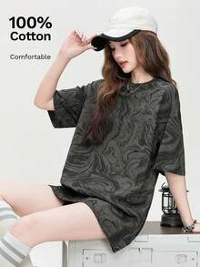 女士简约印花宽松短袖T恤，时尚