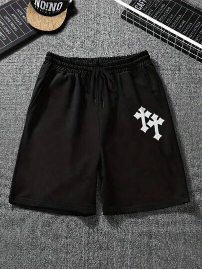 Pantalones negros versátiles para adolescentes varones con estampado de cruz, cuervo y corazón, con cintura elástica para chico grande