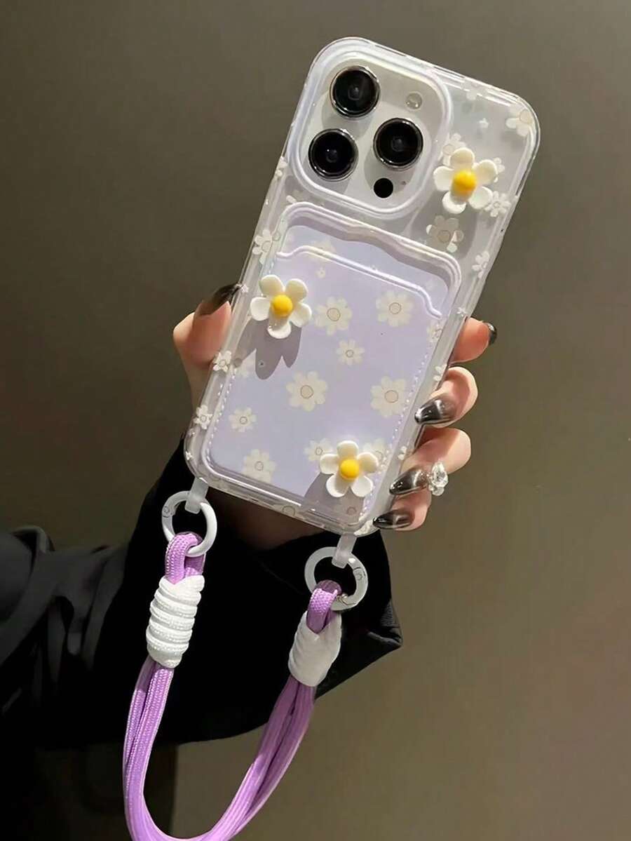 Flower INS Summer Colorful Floral Lanyard Card Holder Phone Case Compatible With IPhone 16 Pro Max/Compatible With IPhone 15 Pro Max New Model, Compatible With IPhone 11, Creative Compatible With IPhone 12 Soft Case, Compatible With IPhone 14 Pro/13 Anti-Fall Full Coverage Female Cover Waterproof Shockproof Scratch Resistant - Mauve Purple - View 1