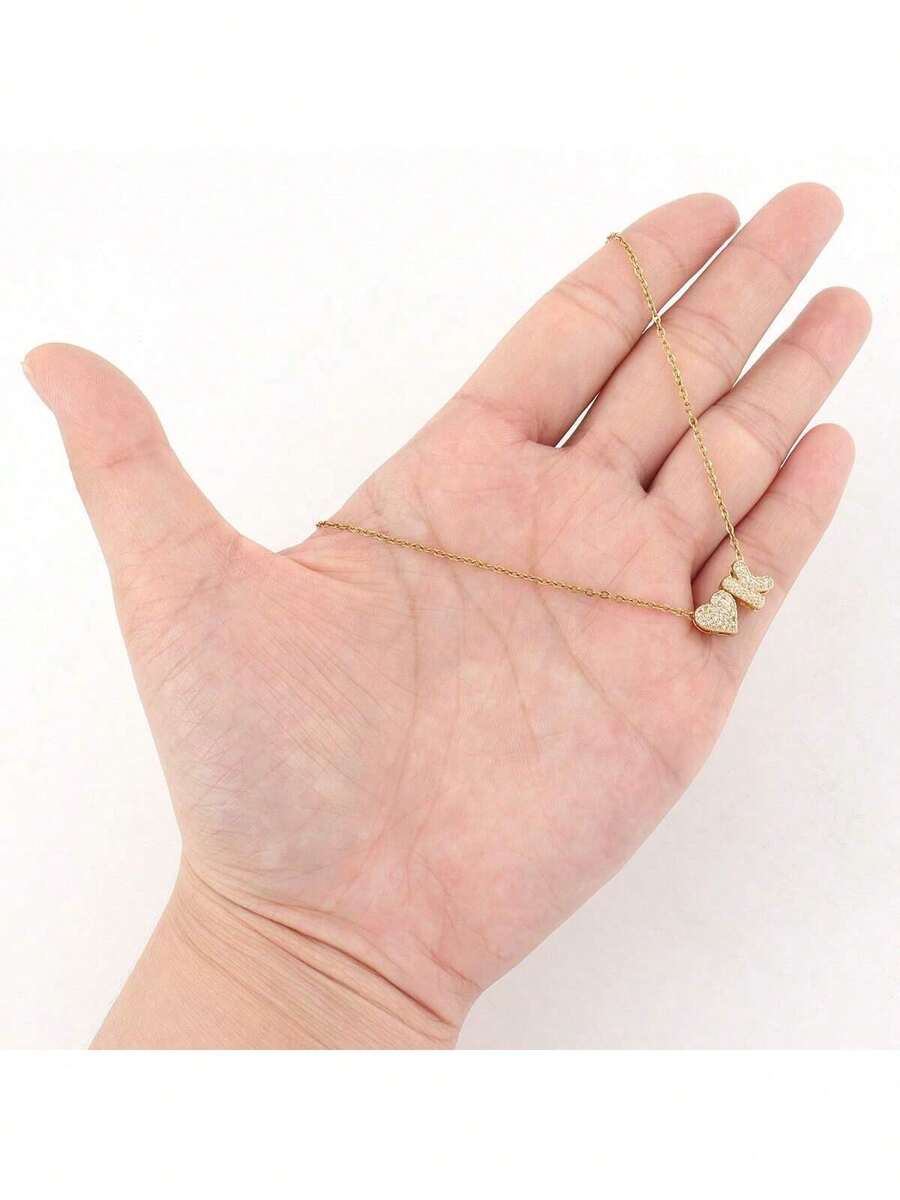 1pc New Simple Pave Zirconia Bubble Initial Heart Pendant Gold Color Stainless Steel Chain Necklace For Women