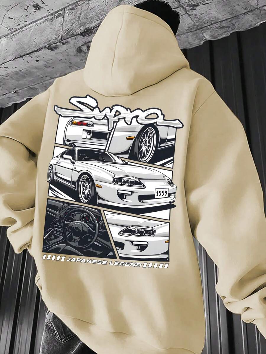 250g Hoodies/1pcs Hoodies/100% Polyester, Retro Funny Car Graphic Print Hoodies With Pockets, Men's Casual Long Sleeve Drawstring, Autumn And Winter - 杏色 - 查看 1