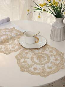 1pc, Exquisite Round Lace Tablecloth-Unique Hollow Design With Crochet Flower Pattern, Thermal Insulation, Woven Materials, Multifunctional Table Mats, Coasters, Placemats-Retro Style, Bedside Table Decoration, Dust Cover, Room Decoration Lace Tablecloth, Mother's Day Gift.