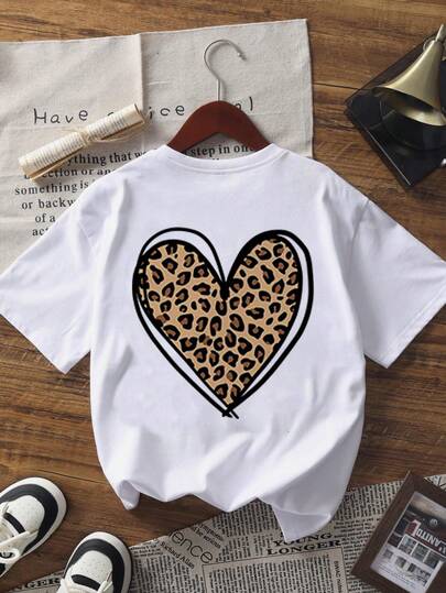 1 件 Tween Girl 心形图案宽松白色短袖 T 恤，舒适时尚学生夏季上衣