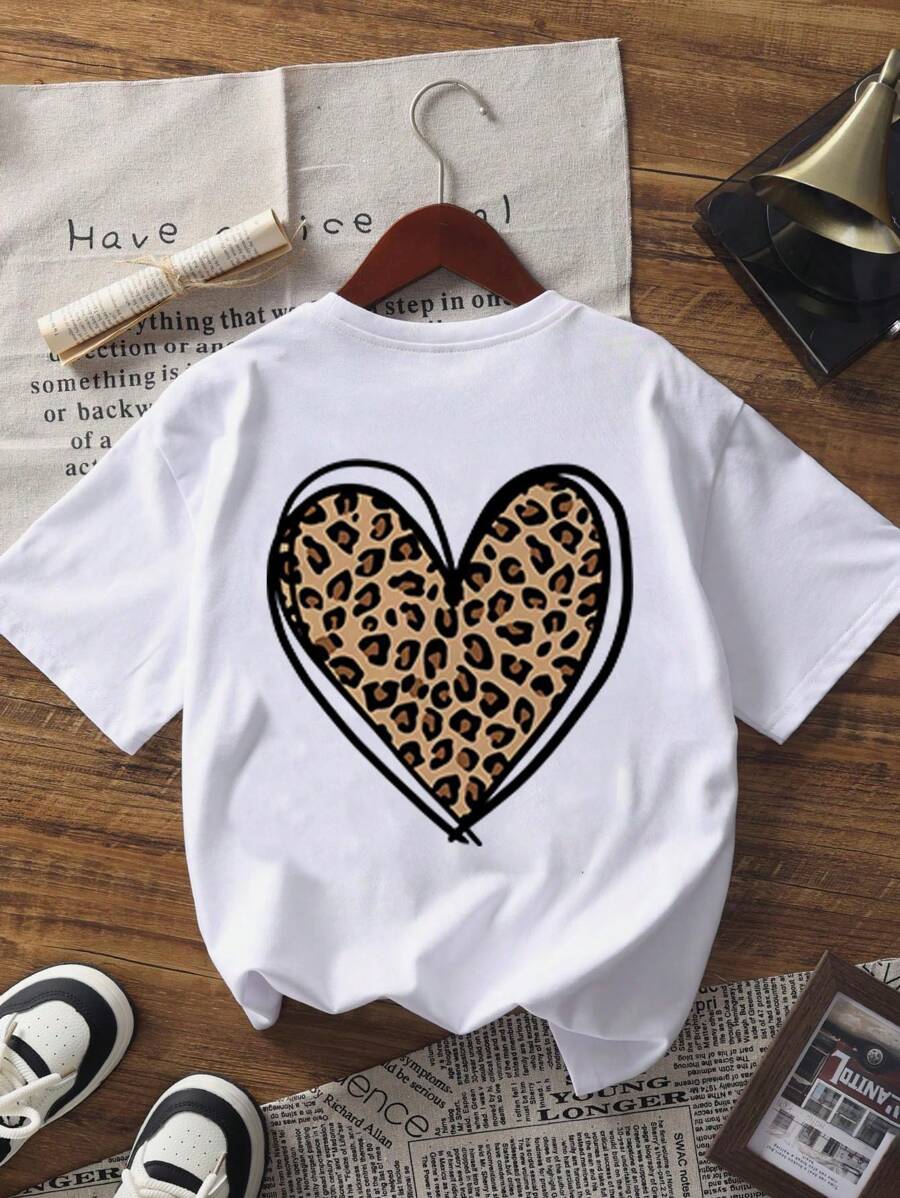 Tween-Mädchen 1 Stück lockeres weißes Kurzarm-T-Shirt mit Herz-Grafik, bequemes Sommeroberteil für Studenten