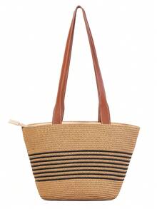 女士草编包大号手工编织夏季沙滩托特包单肩手提包钱包条纹手工编织草编包度假海边户外度假