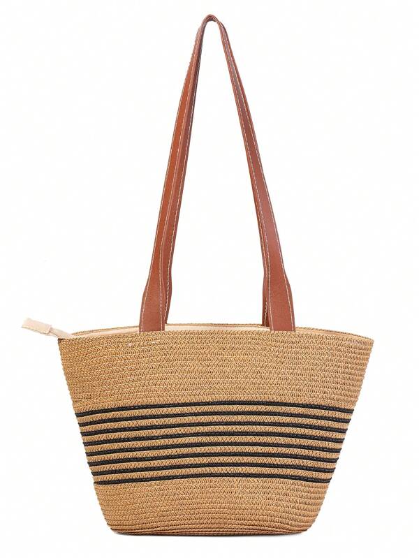 Women Straw Bag Large Handwoven Summer Beach Tote Shoulder Handbag Purse Striped Handmade Weaving Straw Bag For Vacation Seaside Outdoor Vacation