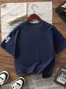 1 件青少年女孩图案印花短袖 T 恤，宽松休闲夏季上衣 - 藏蓝色 - 查看 4